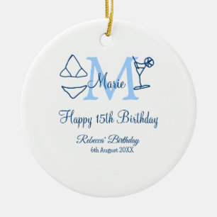 Happy 15th Birthday blue add name monogram bikini Ceramic Tree Decoration