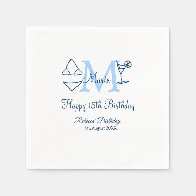 Happy 15th Birthday blue add name monogram bikini Napkin (Front)