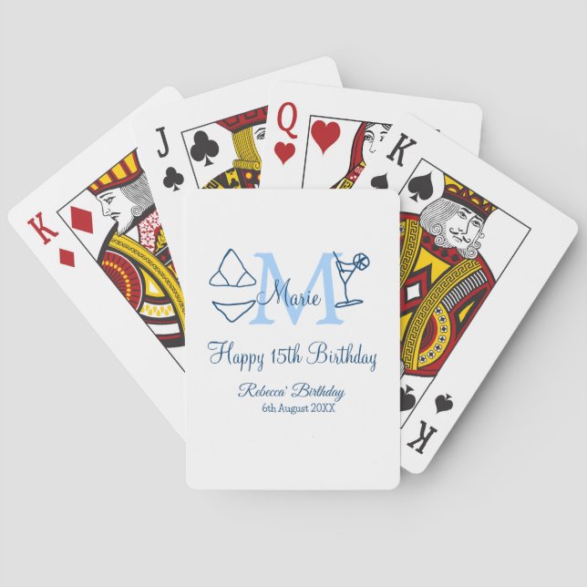 Happy 15th Birthday blue add name monogram bikini Playing Cards (Back)