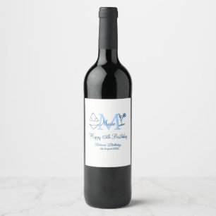 Happy 15th Birthday blue add name monogram bikini Wine Label
