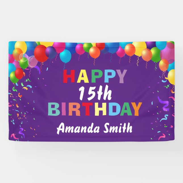 Happy 15th Birthday Colorful Balloons Purple Banner (Horizontal)