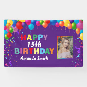 Happy 15th Birthday Colourful Balloons Purple Banner