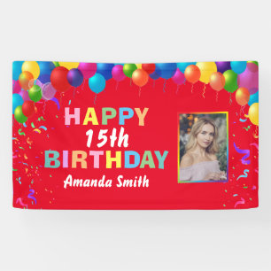 Happy 15th Birthday Colourful Balloons Red Banner