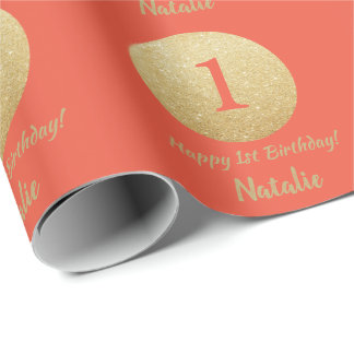 Happy 15th Birthday Coral Orange and Gold Glitter Wrapping Paper