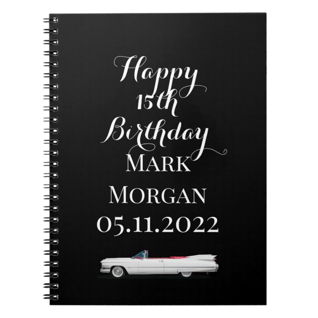 Happy 15th birthday for boy man black white notebook (Front)
