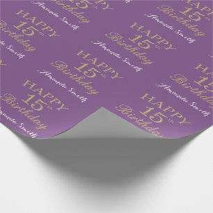 Happy 15th Birthday Gold Glitter and Purple Wrapping Paper