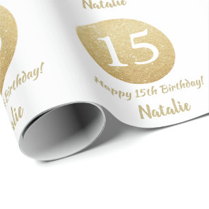 Happy 15th Birthday Gold Glitter and White Wrapping Paper