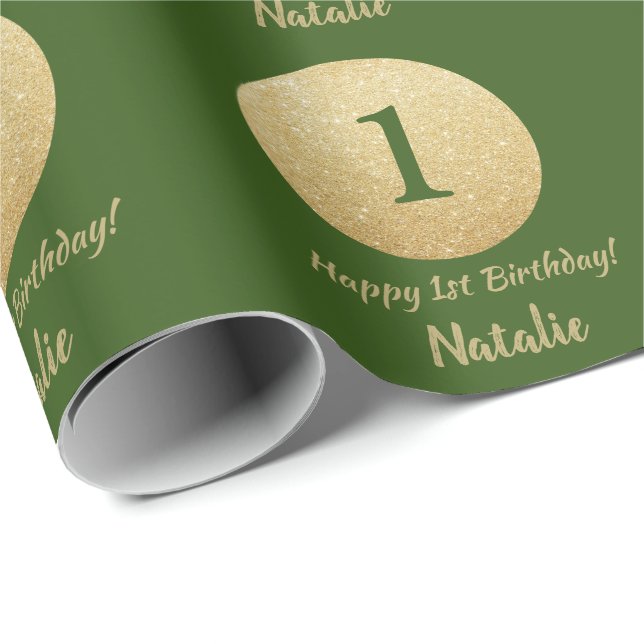 Happy 15th Birthday Green and Gold Glitter Wrapping Paper (Roll Corner)