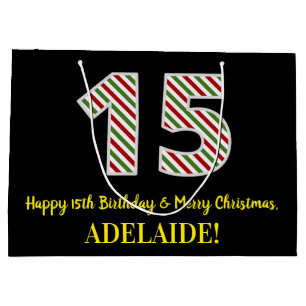 Happy 15th Birthday & Merry Christmas, Custom Name Large Gift Bag