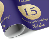 Happy 15th Birthday Navy Blue and Gold Glitter