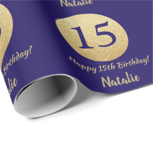 Happy 15th Birthday Navy Blue and Gold Glitter Wrapping Paper