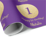Happy 15th Birthday Purple and Gold Glitter Wrapping Paper<br><div class="desc">Happy 1st Birthday Purple and Gold Glitter Wrapping Paper with personalised name. For further customisation,  please click the "Customise it" button and use our design tool to modify this template.</div>