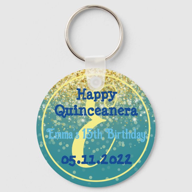 Happy 15th Birthday quinceanera party gold glitter Key Ring (Front)