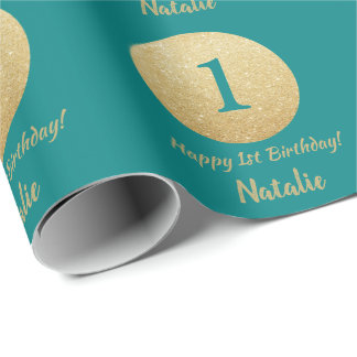 Happy 15th Birthday Teal and Gold Glitter Wrapping Paper