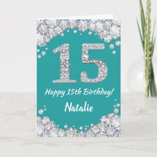 Happy 15th Birthday Teal and Silver Glitter Card