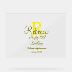 Happy 15th Birthday yellow add name monogram moder Acrylic Sign