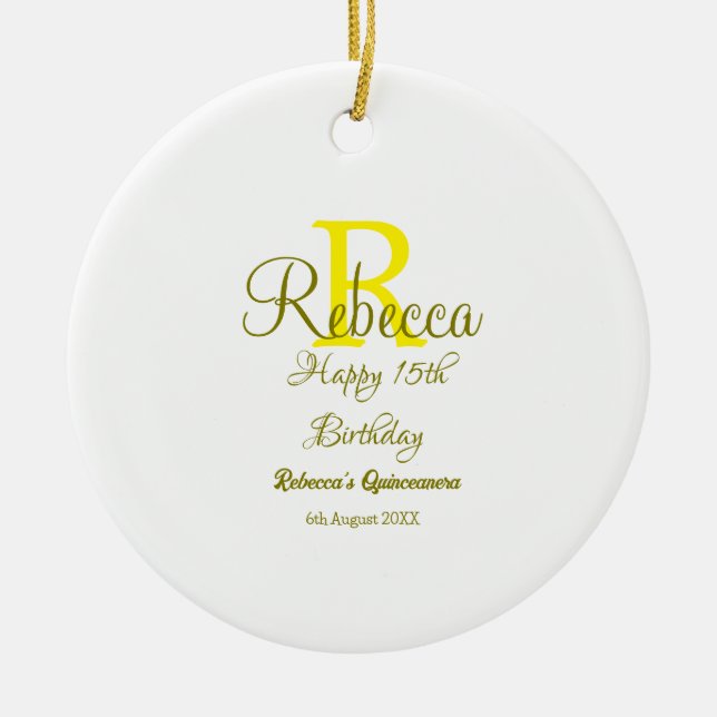 Happy 15th Birthday yellow add name monogram moder Ceramic Tree Decoration (Front)
