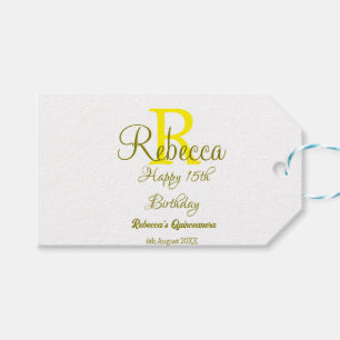 Happy 15th Birthday yellow add name monogram moder Gift Tags