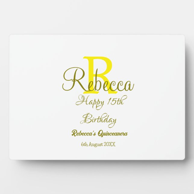 Happy 15th Birthday yellow add name monogram moder Plaque (Front)