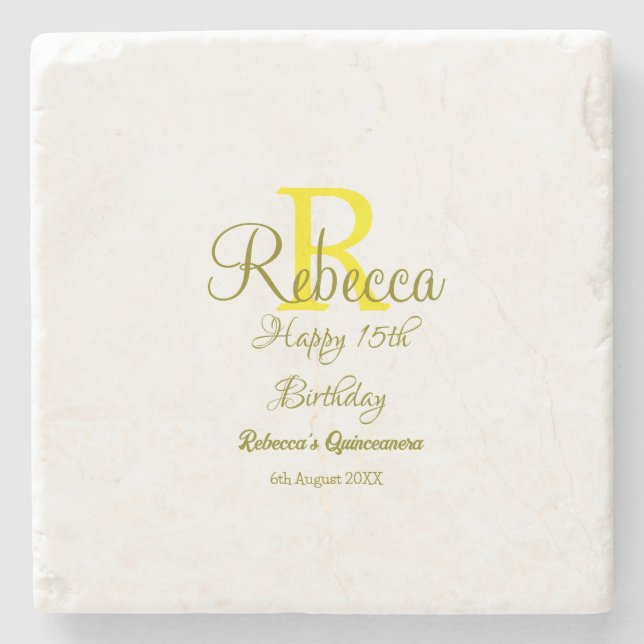 Happy 15th Birthday yellow add name monogram moder Stone Coaster (Front)