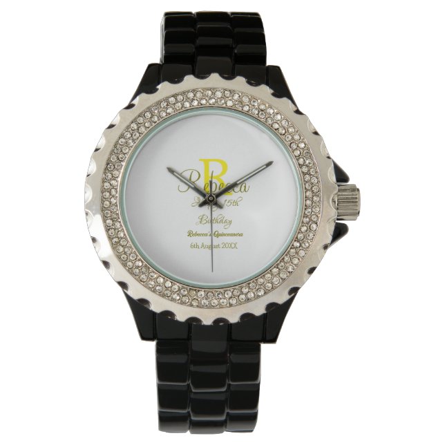 Happy 15th Birthday yellow add name monogram moder Watch (Front)