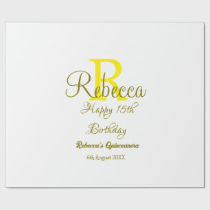 Happy 15th Birthday yellow add name monogram moder Wrapping Paper
