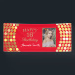 Happy 16th Birthday Banne Red and Gold Photo Banner<br><div class="desc">Happy 16th Birthday Banner for women or man. Red and Gold Birthday Party Banner. Gold Glitter Confetti. Black and White Stripes. Printable Digital. For further customisation,  please click the "Customise it" button and use our design tool to modify this template.</div>