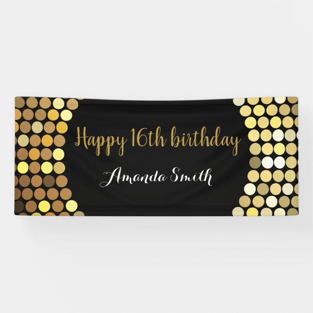Happy 16th Birthday Banner Black and Gold Glitter (Horizontal)