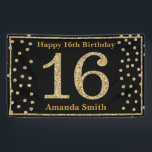 Happy 16th Birthday Banner Black and Gold Glitter<br><div class="desc">Happy 16th Birthday Banner Black and Gold Glitter Confetti. Printable Digital. For further customization,  please click the "Customize it" button and use our design tool to modify this template.</div>