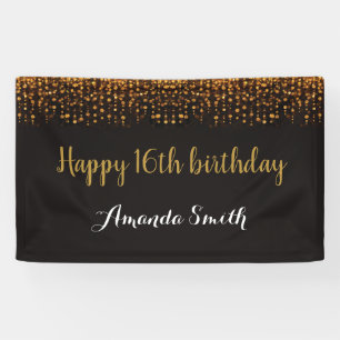 Happy 16th Birthday Banner. Black and Gold Glitter Banner