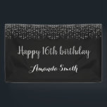 Happy 16th Birthday Banner. Black Silver Glitter Banner<br><div class="desc">Happy 16th Birthday Banner for women or man. Black and Silver Glitter Birthday Party Banner. Silver Glitter Confetti. Black and White Stripes. Printable Digital. For further customisation,  please click the "Customise it" button and use our design tool to modify this template.</div>