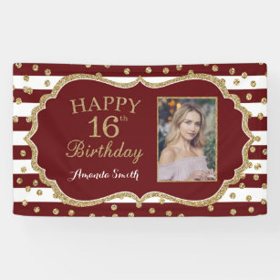 Happy 16th Birthday Banner Burgundy and Gold Photo