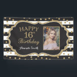 Happy 16th Birthday Banner. Gold Glitter Photo Banner<br><div class="desc">Happy 16th Birthday Banner for women or man. Black and Gold Birthday Party Banner. Gold Glitter Confetti. Black and White Stripes. Printable Digital. For further customisation,  please click the "Customise it" button and use our design tool to modify this template.</div>