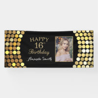 Happy 16th Birthday Banner. Gold Glitter Photo