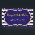 Happy 16th Birthday Banner Navy Blue Gold Glitter<br><div class="desc">Happy 16th Birthday Banner for women or man. Navy Blue and Gold Birthday Party Banner. Gold Glitter Confetti. Black and White Stripes. Printable Digital. For further customisation,  please click the "Customise it" button and use our design tool to modify this template.</div>