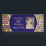 Happy 16th Birthday Banner. Navy Blue Gold Photo Banner<br><div class="desc">Happy 16th Birthday Banner for women or man. Navy Blue and Black and Gold Birthday Party Banner. Gold Glitter Confetti. Black and White Stripes. Printable Digital. For further customization,  please click the "Customize it" button and use our design tool to modify this template.</div>