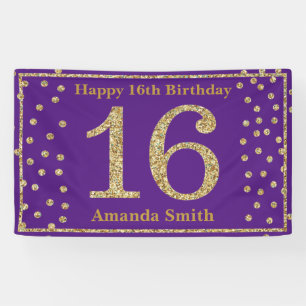 Happy 16th Birthday Banner Purple and Gold Glitter