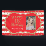 Happy 16th Birthday Banner Red Gold Glitter Photo<br><div class="desc">Happy 16th Birthday Banner for women or man. Red and Gold Glitter Birthday Party Banner. Gold Glitter Confetti. Red and White Stripes. Printable Digital. For further customisation,  please click the "Customise it" button and use our design tool to modify this template.</div>