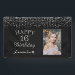 Happy 16th Birthday Banner. Silver Glitter Photo Banner<br><div class="desc">Happy 16th Birthday Banner for women or man. Black and Silver Birthday Party Banner. Silver Glitter Confetti. Black and White Stripes. Printable Digital. For further customisation,  please click the "Customise it" button and use our design tool to modify this template.</div>