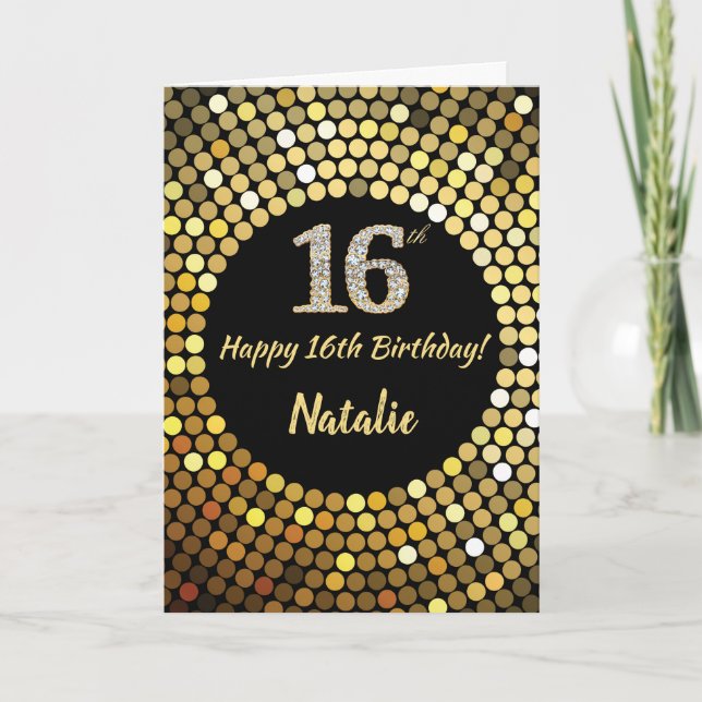 Happy 16th Birthday Black and Gold Glitter Card (Front)