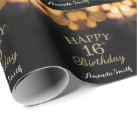 Happy 16th Birthday Black and Gold Glitter
