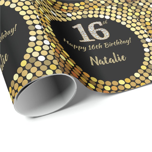 Happy 16th Birthday Black and Gold Glitter Wrapping Paper (Roll Corner)
