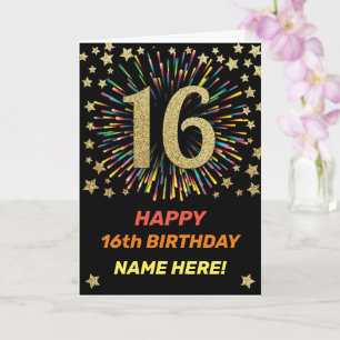 Happy 16th Birthday Black & Gold Rainbow Firework Card