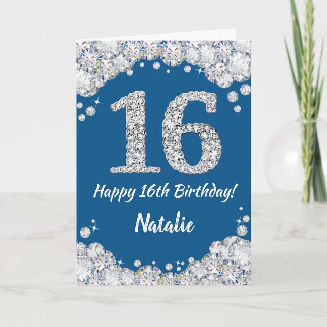Happy 16th Birthday Blue and Silver Glitter Card (Front)