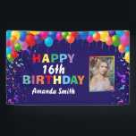 Happy 16th Birthday Colorful Balloons Navy Blue Banner<br><div class="desc">Happy 16th Birthday Colorful Balloons Confetti Navy Blue Photo Banner. For further customization,  please click the "Customize it" button and use our design tool to modify this template.</div>
