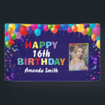 Happy 16th Birthday Colorful Balloons Navy Blue Banner<br><div class="desc">Happy 16th Birthday Colorful Balloons Confetti Navy Blue Photo Banner. For further customization,  please click the "Customize it" button and use our design tool to modify this template.</div>