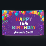 Happy 16th Birthday Colorful Balloons Purple Banner<br><div class="desc">Happy 16th Birthday Colorful Balloons Confetti Purple Banner. For further customization,  please click the "Customize it" button and use our design tool to modify this template.</div>