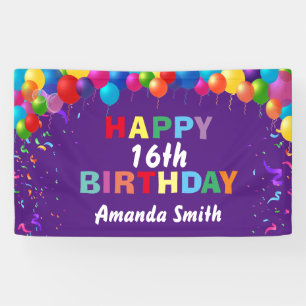Happy 16th Birthday Colorful Balloons Purple Banner