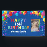 Happy 16th Birthday Colourful Balloons Blue Banner<br><div class="desc">Happy 16th Birthday Colourful Balloons Confetti Blue Photo Banner. For further customisation,  please click the "Customise it" button and use our design tool to modify this template.</div>