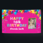 Happy 16th Birthday Colourful Balloons Hot Pink Banner<br><div class="desc">Happy 16th Birthday Colourful Balloons Confetti Hot Pink Photo Banner. For further customisation,  please click the "Customise it" button and use our design tool to modify this template.</div>